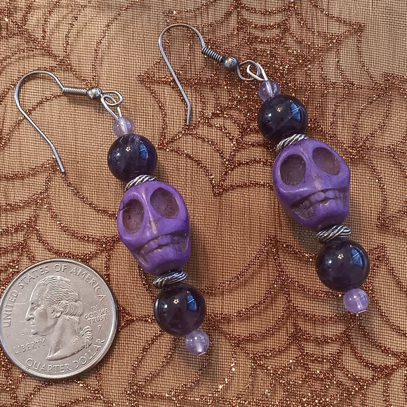 Handmade Skull Amethyst Earrings - Picture 2 of 4